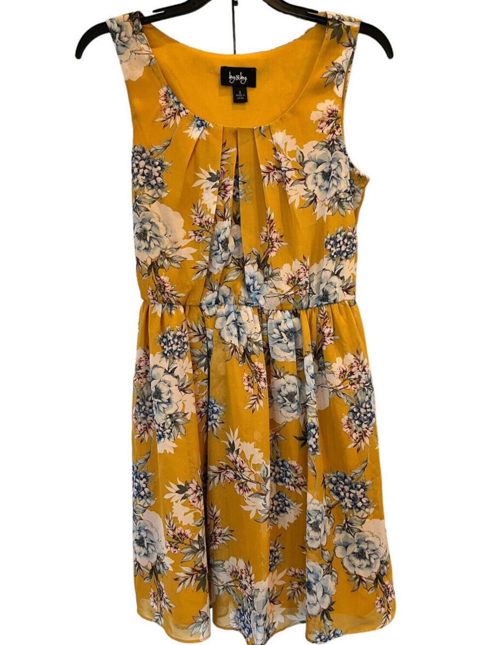 By & By Dress Sleeveless Womens Small Yellow Floral neckline Chiffon lined